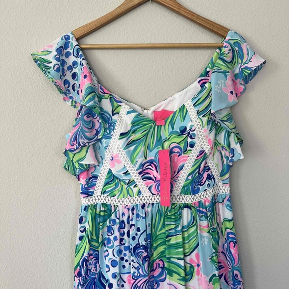 Lilly Pulitzer 6 Ivie Maxi Dress Kitten Around Fit & Flare Flutter Sleeve Lace - Picture 3 of 12